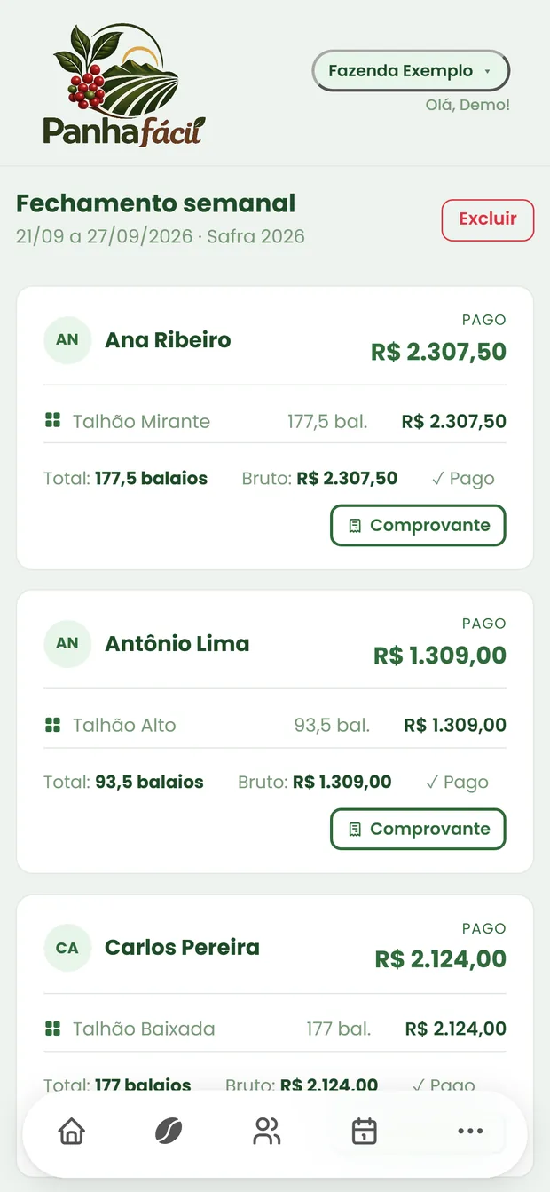 Tela de fechamento semanal de pagamentos no celular